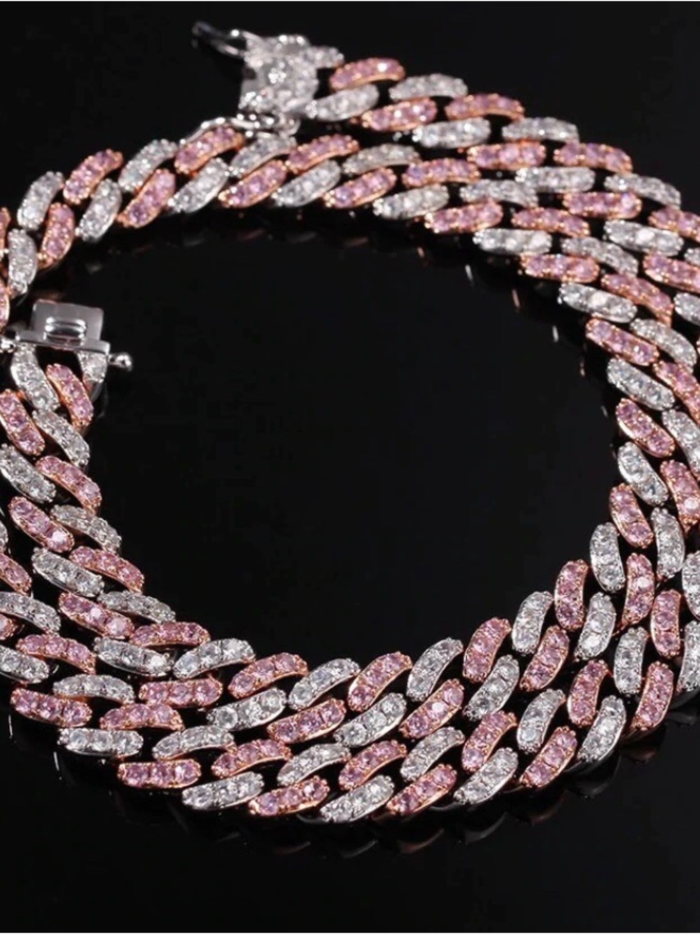 Pink and Silver Pavé Cuban Link Necklace - Women Jewelry 16inch
